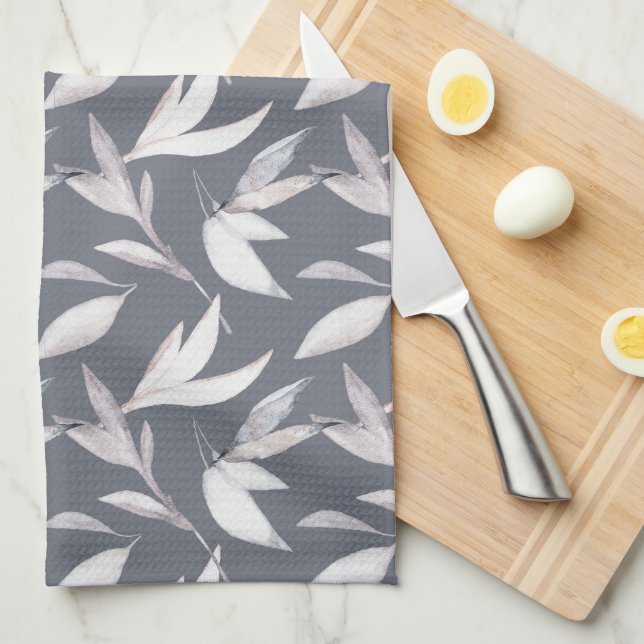 Linge De Cuisine Élégant Gris Feuilleté Moderne Botanique (Quart Plié)