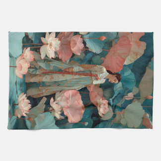 Linge De Cuisine Elegant Hanbok Woman in Pink Lotus Garden