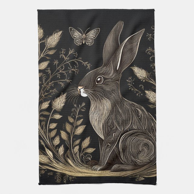 Linge De Cuisine Elégant lapin en noir et beige (Vertical)