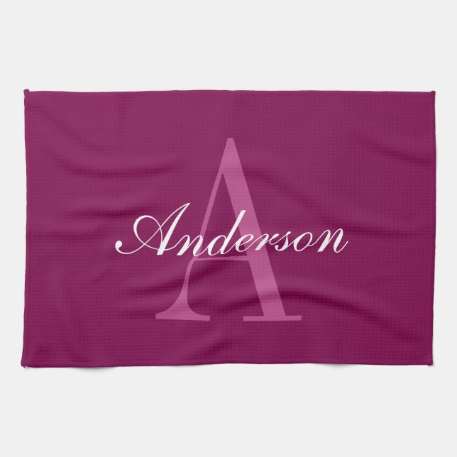 Linge De Cuisine Élégant Magenta Rouge, rose & blanc Nom & Monogram (Horizontal)