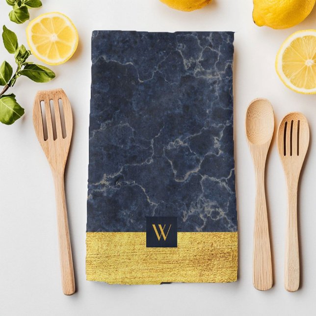 Linge De Cuisine Élégant marbre bleu Monogram (Elegant Monogram Blue Marble Kitchen Towel)