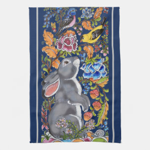 Linge De Cuisine Elégant Marine Blue Rabbit & Birds Jacobean Floral