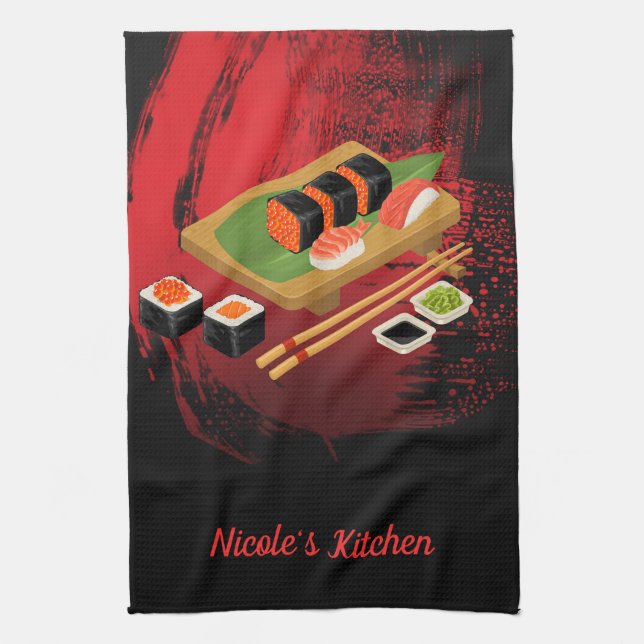 Linge De Cuisine Élégant Moderne Chic Sushi Noir & Rouge (Vertical)