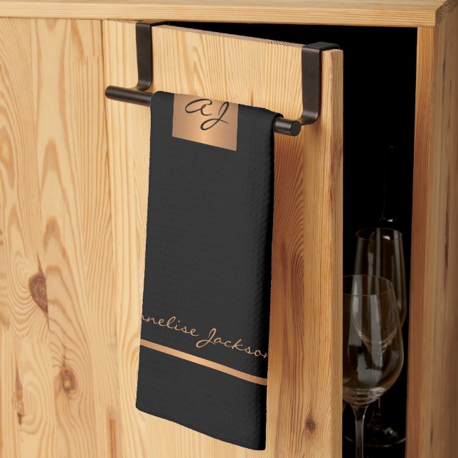 Linge De Cuisine Élégant moderne en or noir monogrammé (Pliage en tiers)