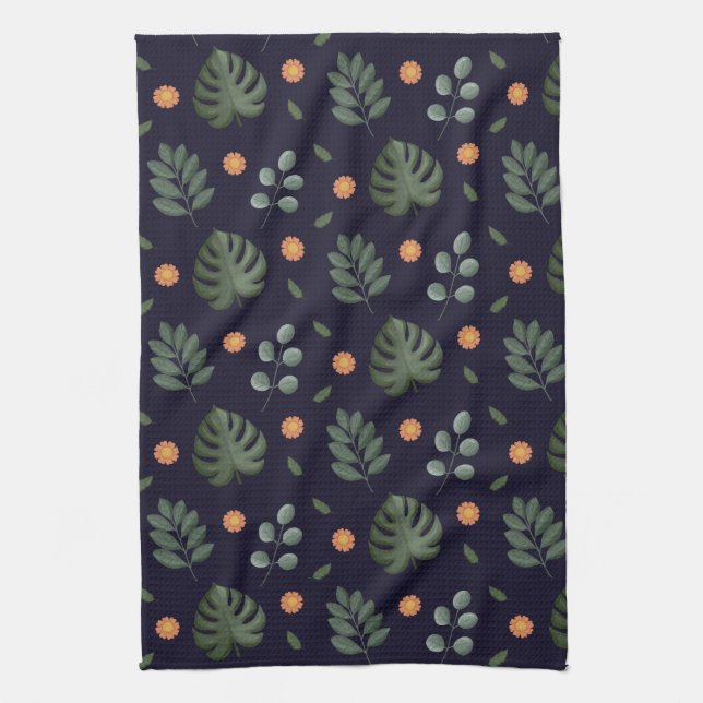 Linge De Cuisine Élégant Moderne Feuille Botanique Florale Navy (Vertical)