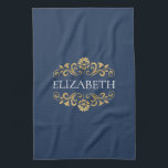 Linge De Cuisine Elégant Monogram Marine Blue Gold<br><div class="desc">Un élégant et chic bleu marine et doré fleurit serviette de cuisine monogramme. Ajoutez votre nom entre la floraison dorée sur le devant. Conçu pour vous par Blackberry Boulevard.</div>
