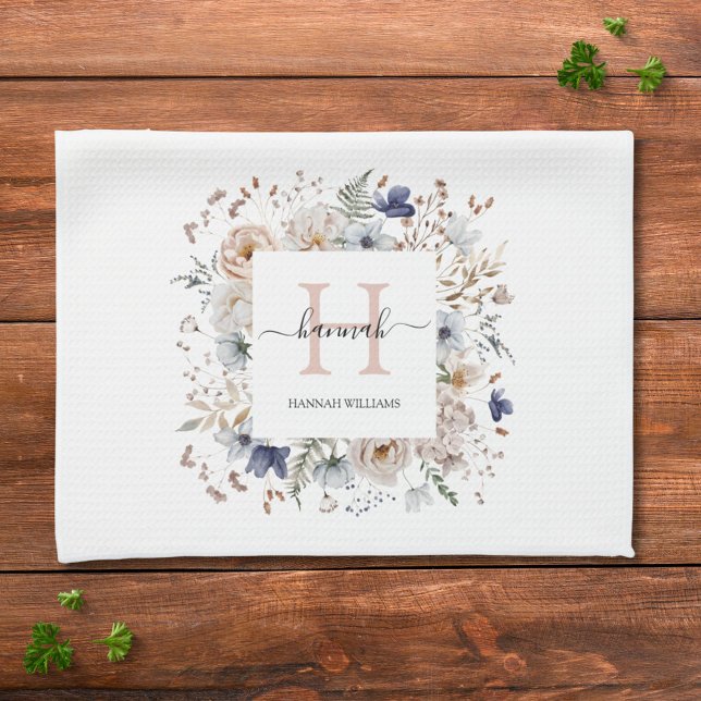 Linge De Cuisine Elegant Monogram Pretty Beige Blue Flowers Floral  (In situ)