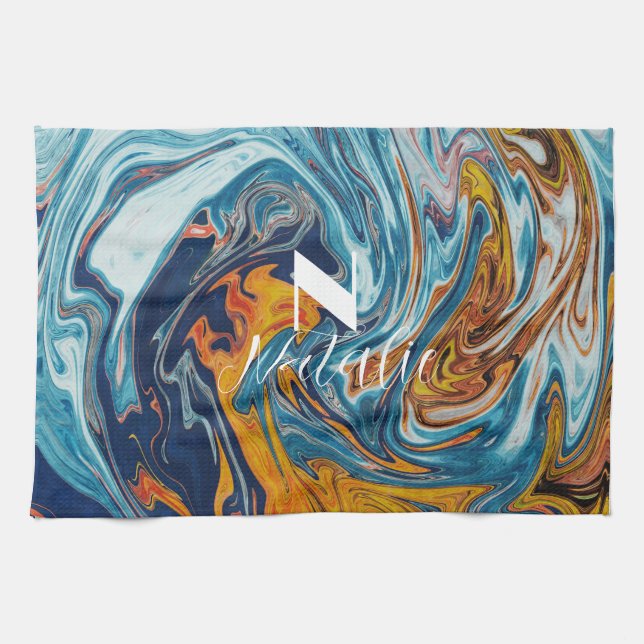 Linge De Cuisine Élégant Monogramme bleu or (Horizontal)