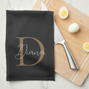 Linge De Cuisine Élégant Monogramme de sommier noir Mossy Gold Scri