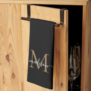 Linge De Cuisine Élégant Monogramme d'or noir moderne Nom du script