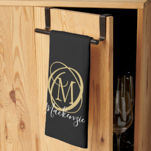 Linge De Cuisine Élégant Monogramme élégant Nom de script Black Gol
