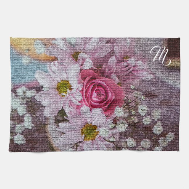 Linge De Cuisine Élégant Monogramme Floral (Horizontal)