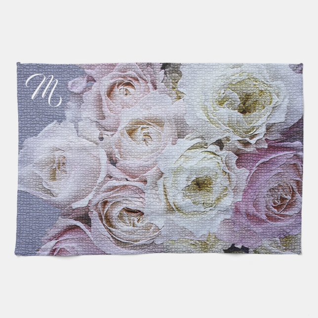 Linge De Cuisine Élégant Monogramme Floral (Horizontal)