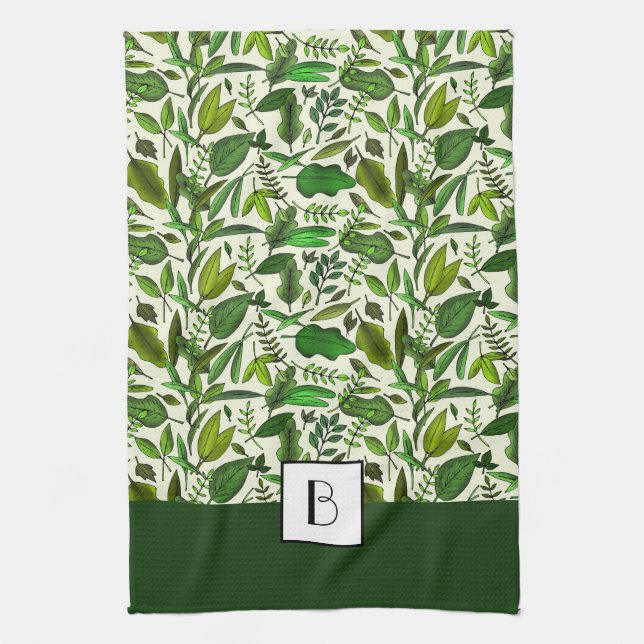 Linge De Cuisine Élégant Monogramme Motif végétal vert (Vertical)
