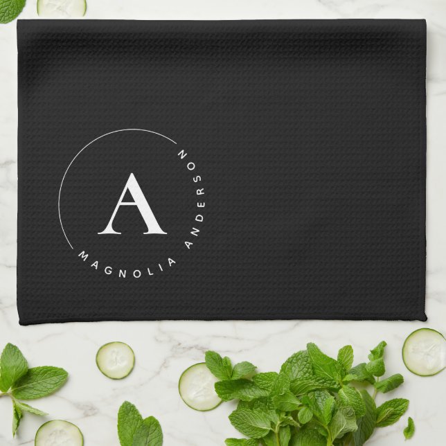 Linge De Cuisine Élégant Monogramme noir blanc élégant (Plié)