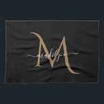 Linge De Cuisine Élégant Monogramme noir et or Nom du script<br><div class="desc">Élégant Monogramme noir et or Nom du script</div>