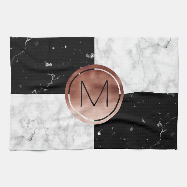 Linge De Cuisine Élégant monogramme rose or noir marbre blanc (Horizontal)