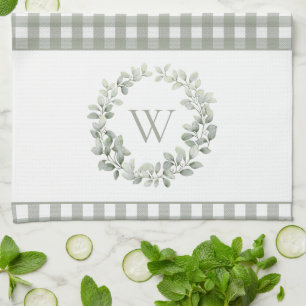 Linge De Cuisine Élégant Monogramme Sage Blanc Carreaux