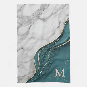 Linge De Cuisine Élégant Monogramme Turquoise foncé marbre or