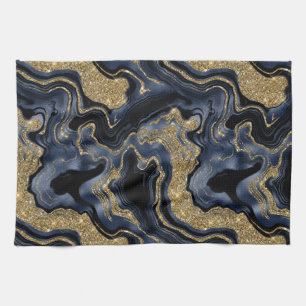 Linge De Cuisine Élégant motif agate bleu marine et paillettes doré