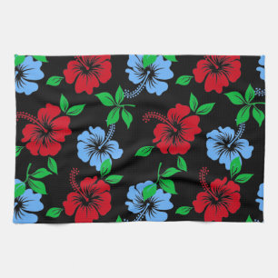 Linge De Cuisine Élégant motif floral bleu et rouge tropical