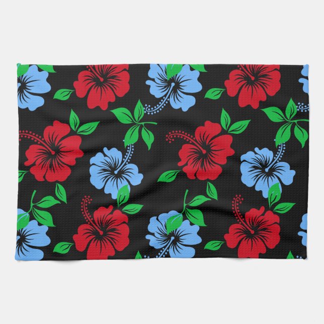 Linge De Cuisine Élégant motif floral bleu et rouge tropical | (Horizontal)