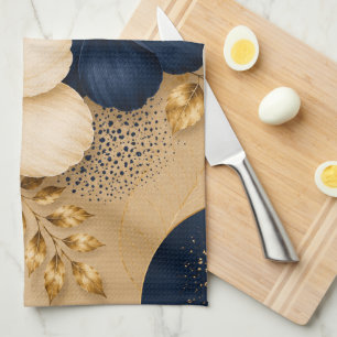 Linge De Cuisine Élégant motif floral botanique bleu marine et or