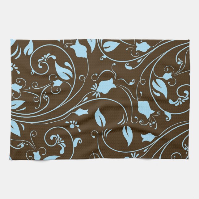 Linge De Cuisine Élégant motif floral Brown et bleu bébé (Horizontal)
