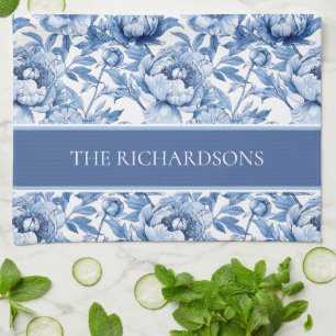 Linge De Cuisine Élégant motif floral de chinoiserie bleu et blanc