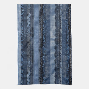 Linge De Cuisine Élégant Motif Indigo Lace Stripe Denim