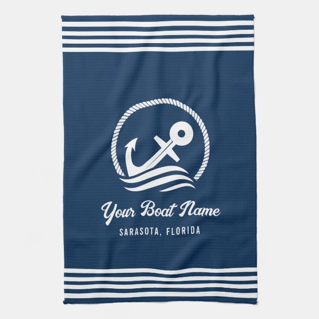 Linge De Cuisine Elegant Navy Blue Custom Boat Nom Ancre (Vertical)