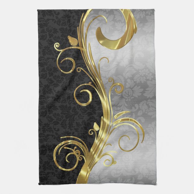 Linge De Cuisine Elégant noir Damas Gold & Silver Swirls (Vertical)