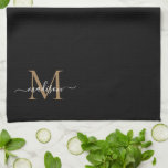 Linge De Cuisine Élégant noir élégant Monogramme or Nom du script<br><div class="desc">Moderne élégant élégant noir monogramme or noir Nom du script Serviette de cuisine</div>