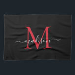 Linge De Cuisine Élégant Noir Rouge Bourgogne Script Monogramme<br><div class="desc">Moderne Elégant Noir Bourgogne Maroon Rouge Monogramme Nom du script Serviette de cuisine</div>