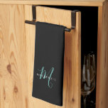 Linge De Cuisine Élégant Noir Turquoise Script Monogramme moderne<br><div class="desc">Élégant noir Turquoise Script Monogram serviette de cuisine. Un élégant monogramme de script turquoise combiné à une police blanche de san-serif propre donne un look contemporain.</div>