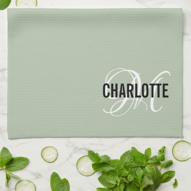 Linge De Cuisine Élégant nom de monogramme vert sauge (Plié)