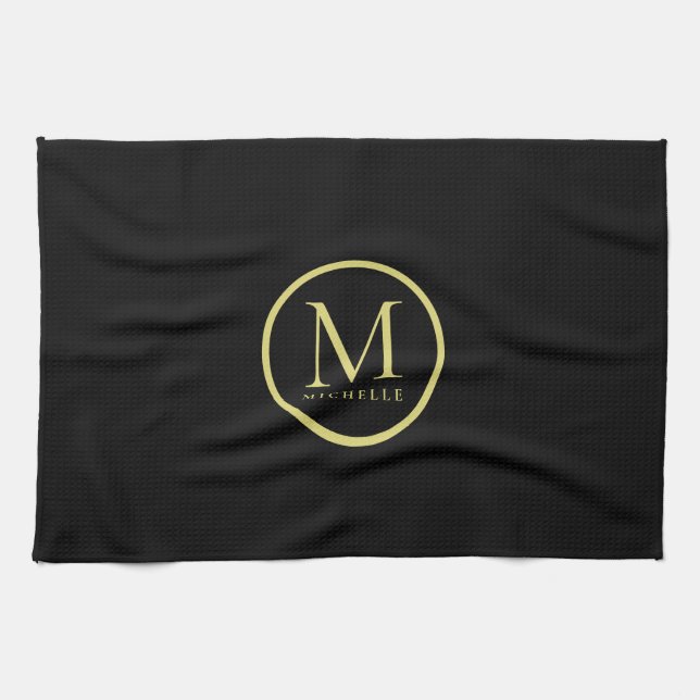 Linge De Cuisine Élégant Nom Monogramme Modèle Noir Et Or (Horizontal)