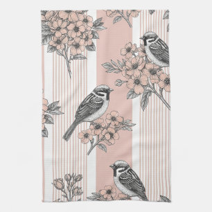 Linge De Cuisine Élégant oiseau floral à rayures pêche (2)