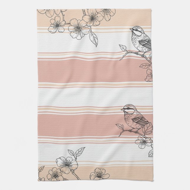 Linge De Cuisine Élégant Oiseau Floral Rayure Pêche (4) (Vertical)