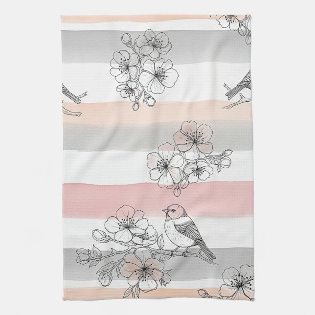 Linge De Cuisine Élégant Oiseau Floral Rayure Pêche (7) (Vertical)