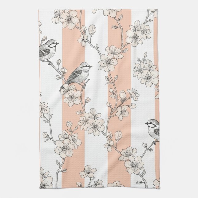 Linge De Cuisine Élégant Oiseau Floral Rayure Pêche (8) (Vertical)