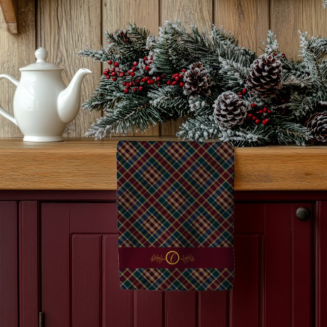 Linge De Cuisine Élégant or Monogramme Plaid - Cranberry Blue Turqu (Elegant Gold Monogram Holly and Berries with Dark Rich Plaid Christmas Holiday Kitchen Towel)