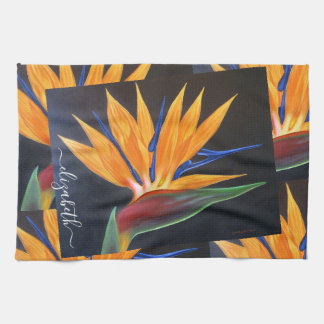 Linge De Cuisine Élégant Orange Floral Oiseau Du Paradis Nom Script