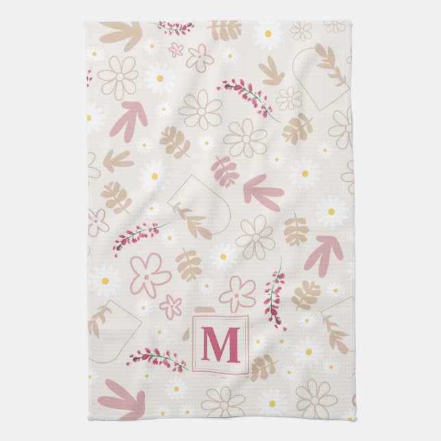 Linge De Cuisine Élégant pastel floral initial monogramme rose mode (Vertical)