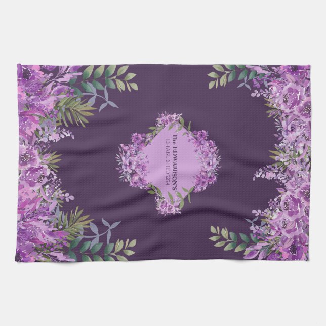 Linge De Cuisine Élégant Personnalisé Purple et Eggplant Floral (Horizontal)