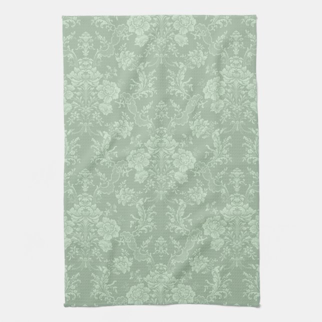 Linge De Cuisine Élégant Romantique Chic Floral Damask-Sage Vert (Vertical)
