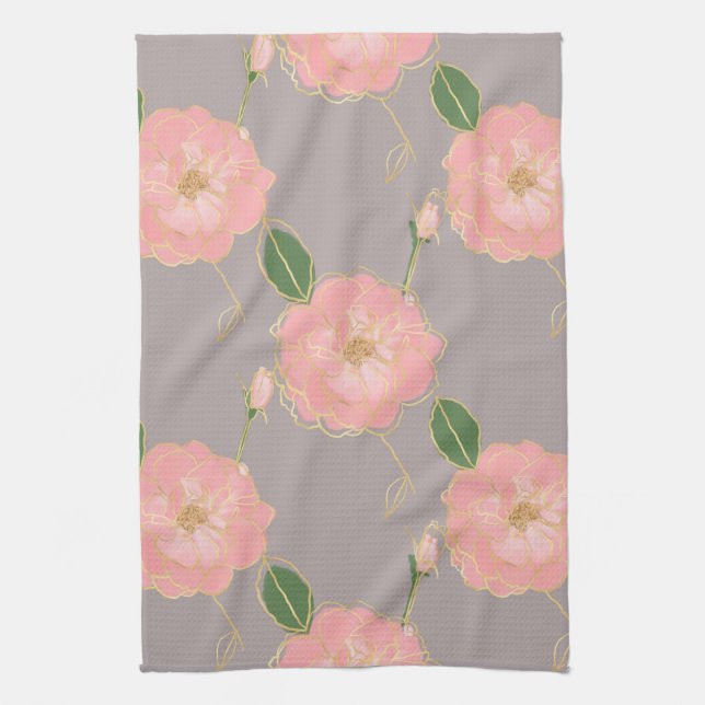 Linge De Cuisine Elégant rose & or Aquarelle Rose Gris Design (Vertical)
