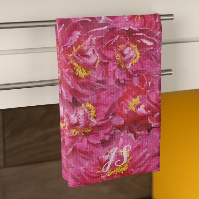 Linge De Cuisine Élégant rose Peony Stylish Calligraphie Monogramme (Créateur téléchargé)