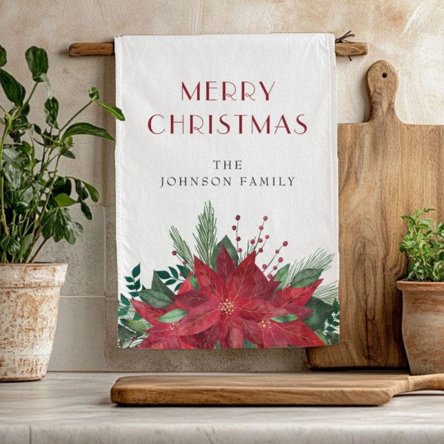 Linge De Cuisine Élégant Rouge Floral Poinsettia Noël (Elegant Red Floral Poinsettia Christmas Kitchen Towel)