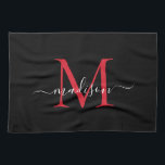 Linge De Cuisine Élégant script de monogramme de Bourgogne rouge no<br><div class="desc">Monogramme rouge du maroon de Bourgogne noire moderne Nom du script Serviette de cuisine</div>